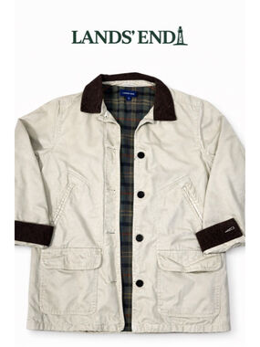 Lands’ End Barn Jacket Khaki Corduroy Collar Plaid Lined Chore Coat